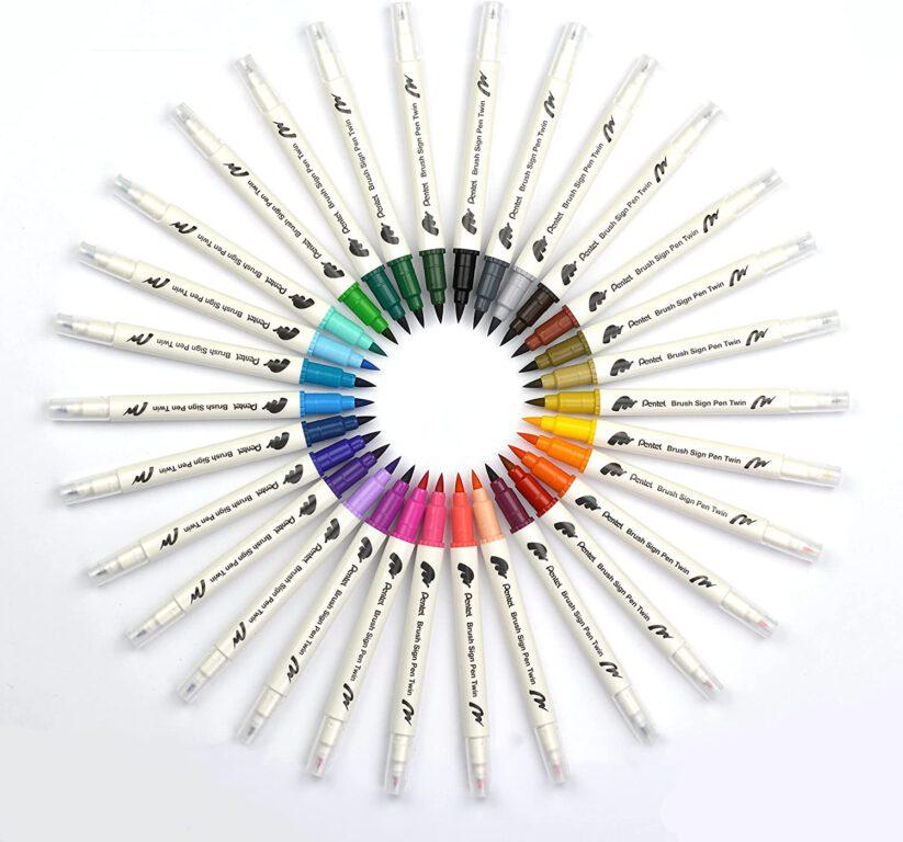 Pentel SESW30C Brush Sign Pen Twin Fibre Tip Pen - Double Ended - Water-based Ink - Cool Tones Pack Of 12 - Blue/Green Ink